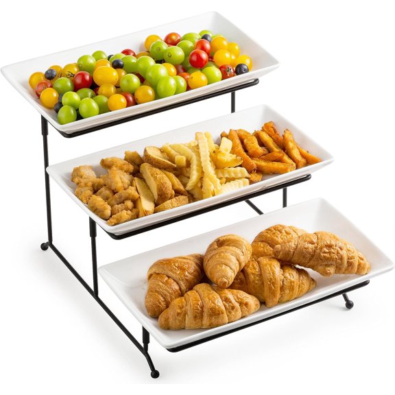 Tiered Serving Stand and Platters Set, Large Tiered Tray Stand, 3 Tier Serving Tray with Collapsible Sturdier Rack, 12 Inches Tier Serving Platter for Party, Display, Dessert, and Cupcake