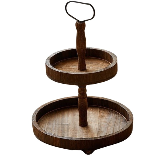 Tiered Serving Tray,Double Layered Wooden Serving Tray, 2 Tier Rustic Fruit Dessert Display Stand with Handle, Farmhouse Round Food Platter for Party Kitchen Coffee Table Decor