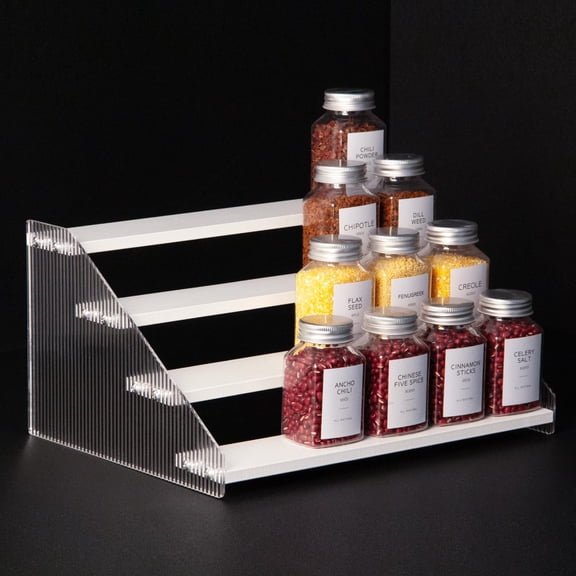 Tiered Spice Rack, 3-Tier Spice Pantry Kitchen Cabinet Organizer, 12-Inch, Natural Wood Acrylic Stair Riser Stand, Countertop Seasoning Shelf