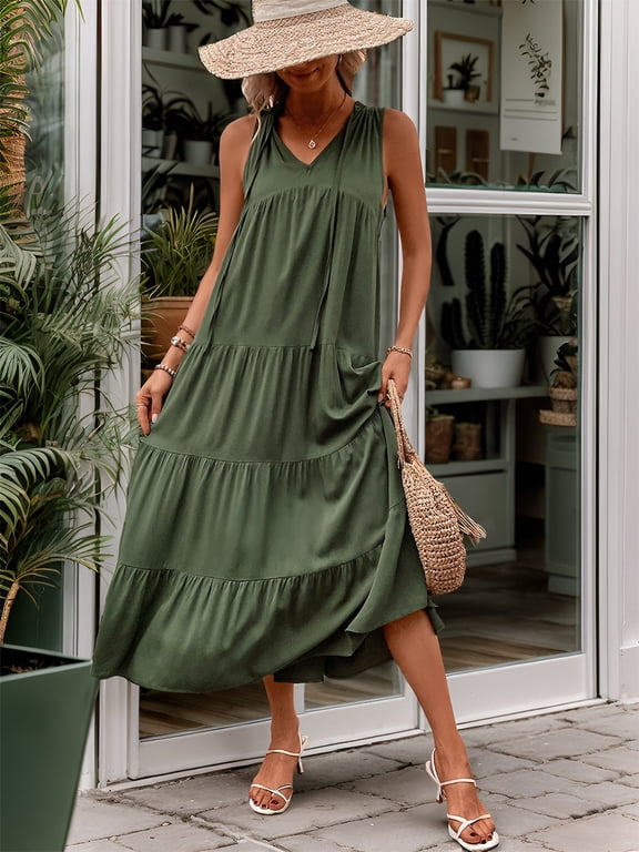 Tiered Tie Neck Midi Dress