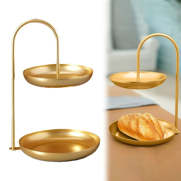 Tiered Tray Stand，2 Tier Iron Fruit Serving Tray Double Tier Storage Platter for Home Office Party Wedding Decor,Gold