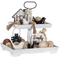 thumbnail image 1 of Tiered Tray for Table Decor: 2 Tier Serving Stand Farmhouse Decorative Tray for Coffee Bar Centerpiece Rectangle Wood Display Stands Kitchen Counter (Rustic White), 1 of 9
