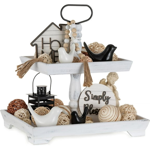 Tiered Tray for Table Decor: 2 Tier Serving Stand Farmhouse Decorative Tray for Coffee Bar Centerpiece Rectangle Wood Display Stands Kitchen Counter (Rustic White)