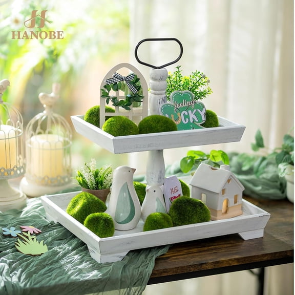 Tiered Tray for Table Decor: 2 Tier Valentine's Day Decorative Tray Stand for Coffee Bar - Farmhouse Rectangle Wood Display for Kitchen Counter, Rustic White