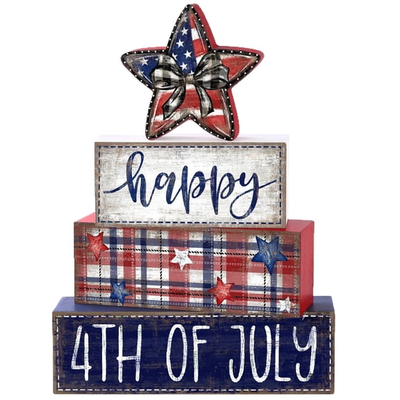 Tiered Tray decorations Set, 4Th of July decor, 6X4 in Wood Stacking Blocks, Star decorations, Bow decorations, Coffee Table Tray, Rustic Home decor Farmhouse, Centerpiece Table