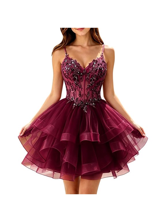 Tiered Tulle Homecoming Dresses for Teens Lace Applique Beaded Short Dress, Straps Lace Applique,Spaghetti Strap,V Neck,Lace Appliques,A-Line,Plus Size,Corset,Mini Dress