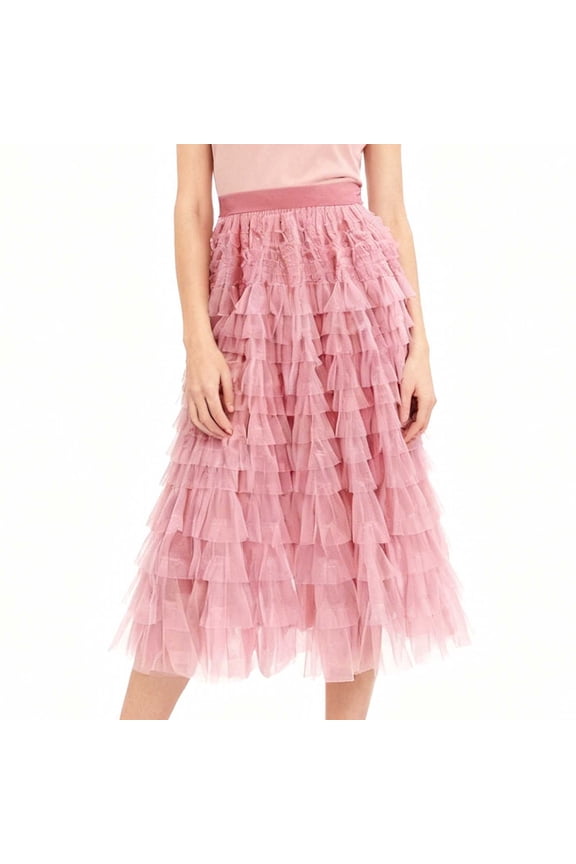 Tiered Tulle Skirts Womens Aline High Waist Flowy Elegant Party Wedding Guest Casual Mesh Tutu Skirt Watermelon Red, M