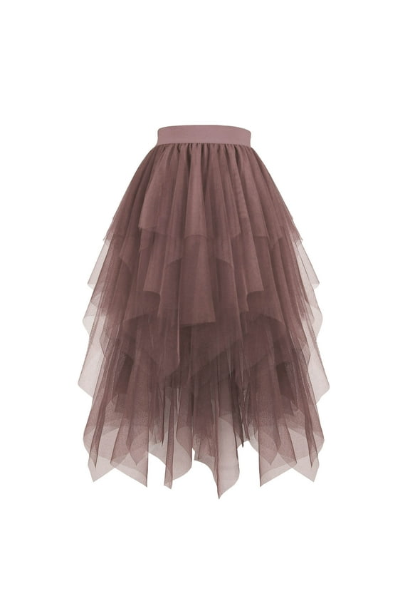 Tiered Tulles Skirt Women's Tulles Skirts, High Waist Puff Long Tutus Layered A-Line Midi Irregular Mesh Skirt Elastic Waist Festival Party Skirt Brown M