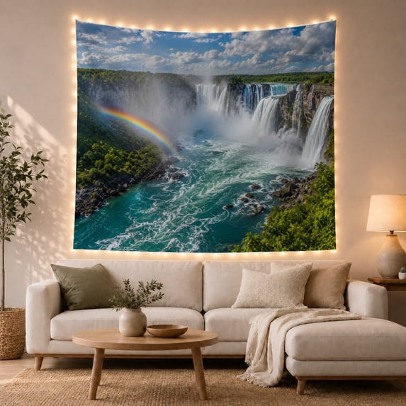 Tiered Waterfalls Over Forest Cliffs and Turquoise River, Serene Digital Art for Nature Lovers, Nature Decor, New Home Gift, Tapestry Wall Hanging for Bedroom and Living Room