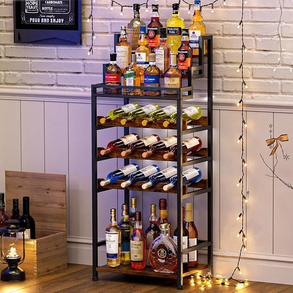 Tiered Wine Rack and Liquor Cabinet, Large Capacity Freestanding Floor Wine Storage Shelf for Red Wine, Champagne & Whiskey, Stepped Bottle Display Stand for Home Bar, Living Room, Corner, Dining Roo