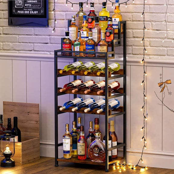 Tiered Wine Rack and Liquor Cabinet, Large Capacity Freestanding Floor Wine Storage Shelf for Red Wine, Champagne & Whiskey, Stepped Bottle Display Stand for Home Bar, Living Room, Corner