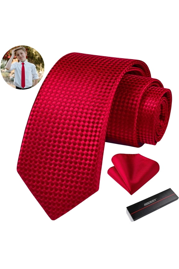 Ties For Boys Red Necktie Pocket Square Set Youth Tie for Kids School Party Wedding 49"