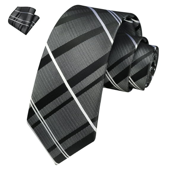 Boys Striped Tie, Kids Black Ties Self-Tie Pocket Square Set Necktie for Wedding Graduation Uniform