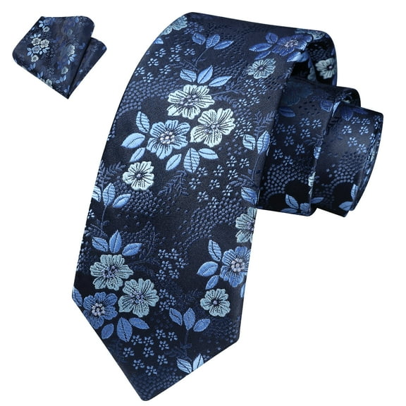Boy's Necktie Blue Floral Tie Pocket Square Set Ties for Boy Formal Party School Youth Tie