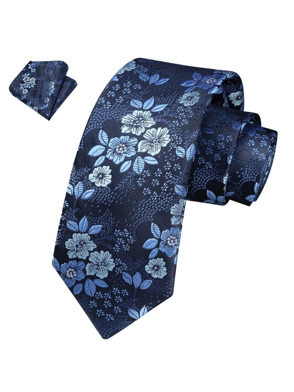 Boy's Necktie Blue Floral Tie Pocket Square Set Ties for Boy Formal Party School Youth Tie