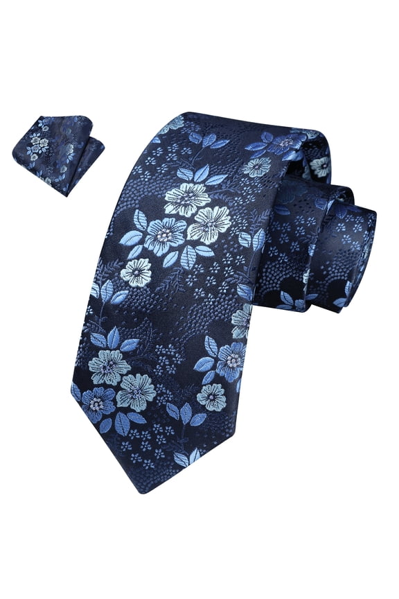 Boy's Necktie Blue Floral Tie Pocket Square Set Ties for Boy Formal Party School Youth Tie