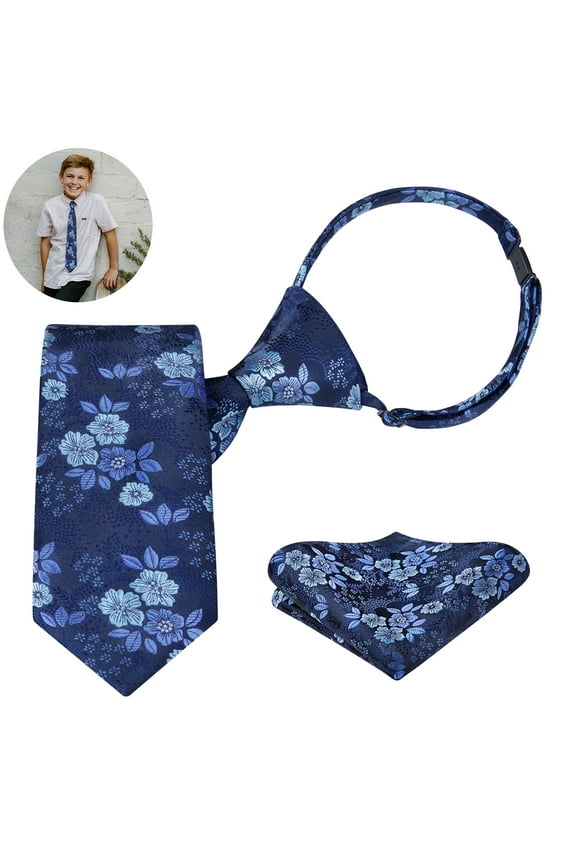 Ties for Boys Pretied Boys Neckties Pocket Square Set Adjustable Strap Kids Tie Blue Floral Necktie