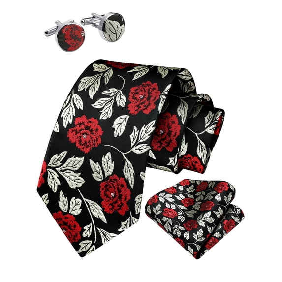 Ties for Men Floral Tie Handkerchief Cufflinks Set Formal Black Flower Necktie Pocket Square Wedding