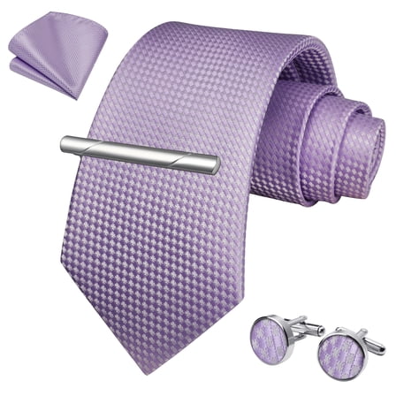 Plaid Tie Formal Necktie for Men Business Handkerchief Cufflinks Tie Clip Necktie Set Purple