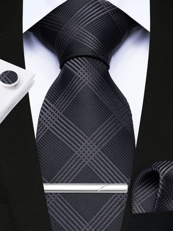 Men Formal Plaid Ties Set Black Business Neckties Pocket Square Cufflinks Tie Clip Set Wedding 4pcs