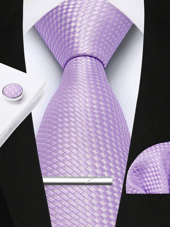 Plaid Tie Formal Necktie for Men Business Handkerchief Cufflinks Tie Clip Necktie Set Purple