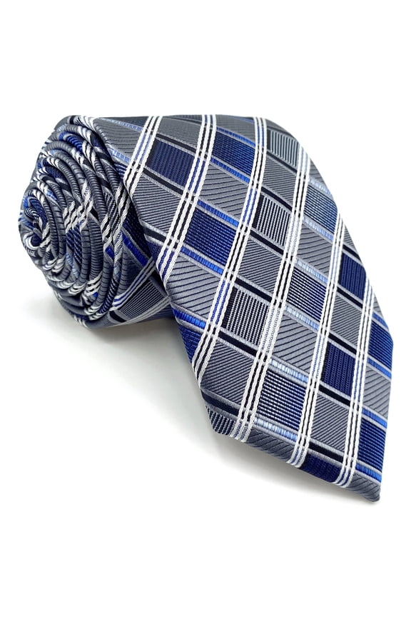 Ties for Men Necktie Blue and Grey Check Classic Size 57.5"