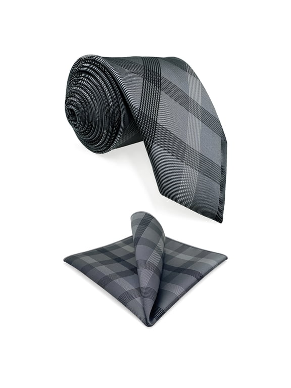 Ties for Men Necktie Gray Check Extra Long Extra Long Size 63" with Pocket Square