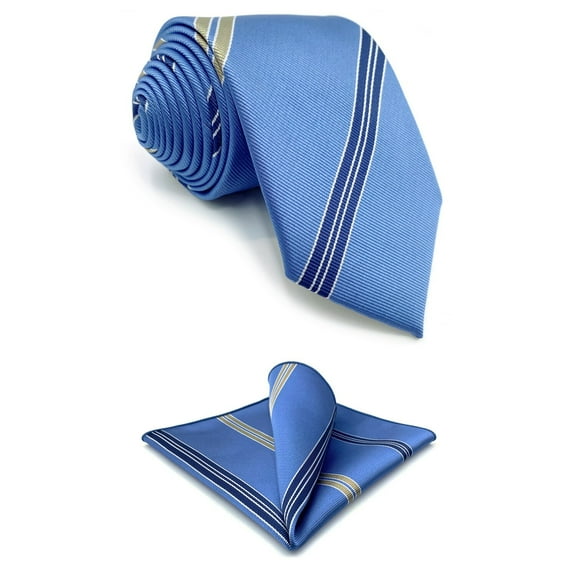 Ties for Men Suits Steel Blue Stripes Business Necktie Set with Matching Pocket Square 57.5"