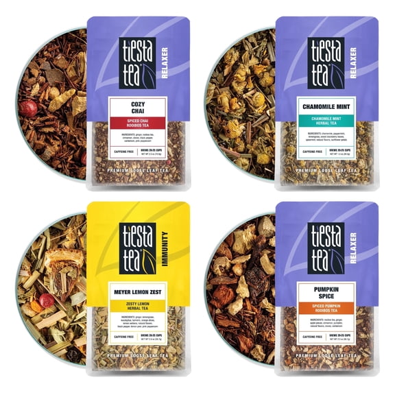 Tiesta Tea - 4 Autumnal Tea Blends, Premium Loose Leaf Tea Blend, Non-Caffeinated Tea, Make Hot or Iced, Pouch of Pumpkin Spice, Cozy Chai, Chamomile Mint, Meyer Lemon Zest - Pack of 4