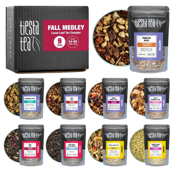 Tiesta Tea - 9 Fall Teas Sampler Dry Flight Set, Caffeine Free Hot & Iced Tea, Loose Leaf Tea Variety with Pumpkin Spice, Chamomile Mint, Lemon Zest, Cozy Chai, Earl Grey - 9 Resealable Sample Pouch