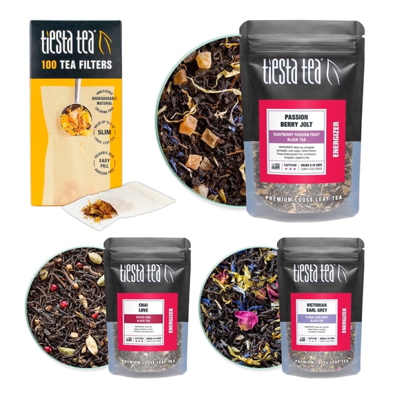 Tiesta Tea - Black Tea Starter Kit, Premium Loose Leaf Black Tea Gift Set, High Caffeinated Tea, Make Hot or Iced Tea, Tea Assortment with 3 Loose Leaf Tea Samplers & 100 Disposable Tea Filters