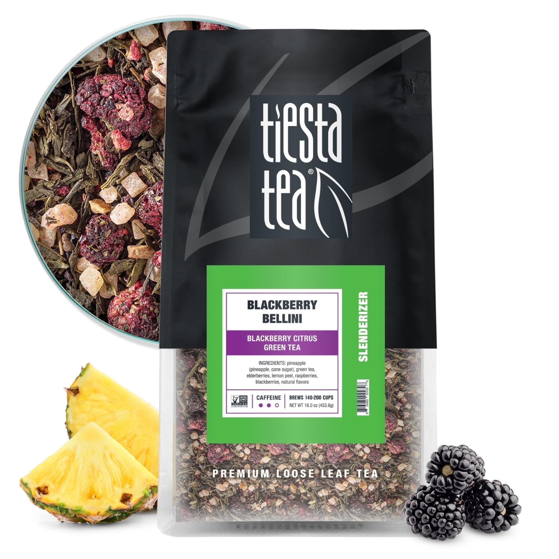 Tiesta Tea - Blackberry Bellini, Slenderizer Loose Leaf Green Tea, Blackberry Citrus Green Tea Blend, Medium Caffeine, Make Hot or Iced Tea & Brews Up to 200 Cups - 16 oz Resealable Bulk Pouch