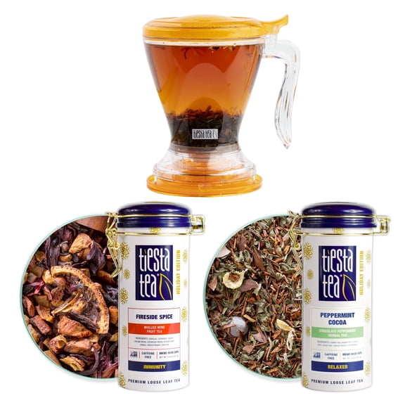 Tiesta Tea - Brewmaster and Cozy Fireside Tea Gift Set, Fireside Spice & Peppermint Cocoa Loose Leaf Holiday Tea Blends with Infuser, Non Caffeinated Tea - 16oz Tea Infuser & 2 Refillable Tin Combo