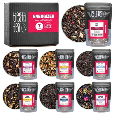 Tiesta Tea - Energizer Tea Sampler Set, High Caffeine Hot & Iced Tea, Up to 70 Cups, Premium Loose Leaf Variety Pack with Black & Chai Tea - 7 Resealable Sample Pouches