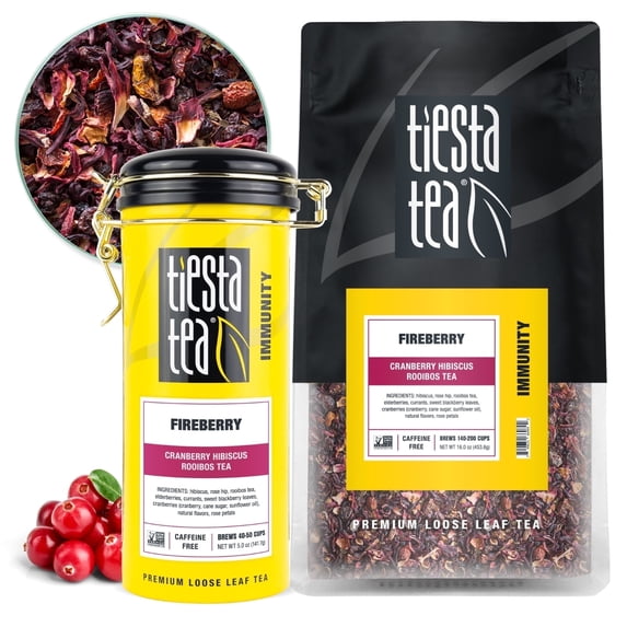 Tiesta Tea - Fireberry, Cranberry Hibiscus Loose Leaf Rooibos Tea, 2 Pack (16 oz Bulk Bag & 5 oz Tin)