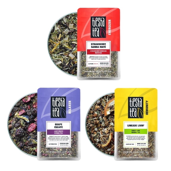 Tiesta Tea - Fresh N' Fruity Trio - 3 Fruit Filled Loose Leaf Blends - High to Non Caffeinated Tea - Make Hot & Iced Tea - 6oz Resealable Pouches of Assorted Tea w/ Strawberry, Grape & Sweet Lime