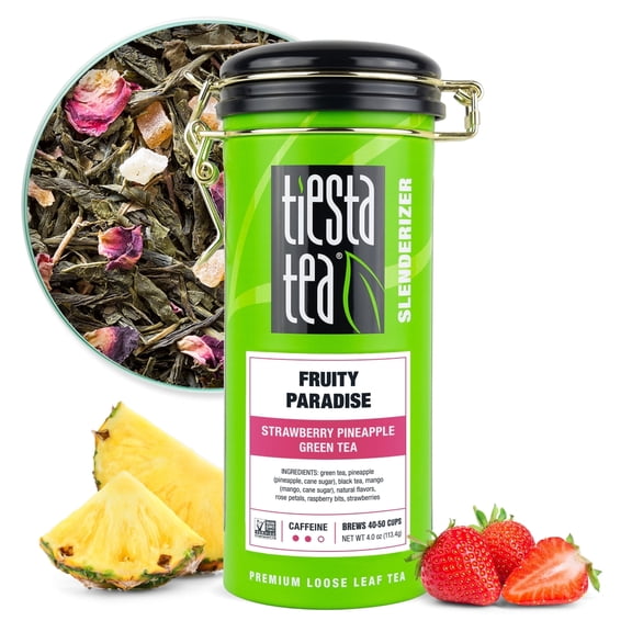 Tiesta Tea - Fruity Paradise, Slenderizer Loose Leaf Green Tea, Strawberry Pineapple Green Tea, Medium Caffeine, GMO-Free, Make Hot or Iced Tea & Brews Up to 50 Cups - 4 Ounce Refillable Tin