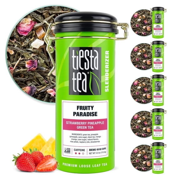 Tiesta Tea - Fruity Paradise, Slenderizer Loose Leaf Green Tea, Strawberry Pineapple Green Tea, Medium Caffeine, GMO-Free, Make Hot or Iced Tea & Brews Up to 50 Cups - (6 x 4 Ounce) Refillable Tin