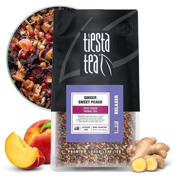 Tiesta Tea - Ginger Sweet Peach, Relaxer Loose Leaf Ginger Tea, Caffeine Free, GMO-Free, Make Hot or Iced Tea & Brews Up to 200 Cups - 16oz Resealable Bulk Pouch