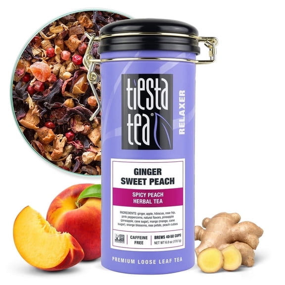 Tiesta Tea - Ginger Sweet Peach, Relaxer Loose Leaf Ginger Tea, Caffeine Free, GMO-Free, Make Hot or Iced Tea & Brews Up to 50 cups - 6 Oz Refillable Tin