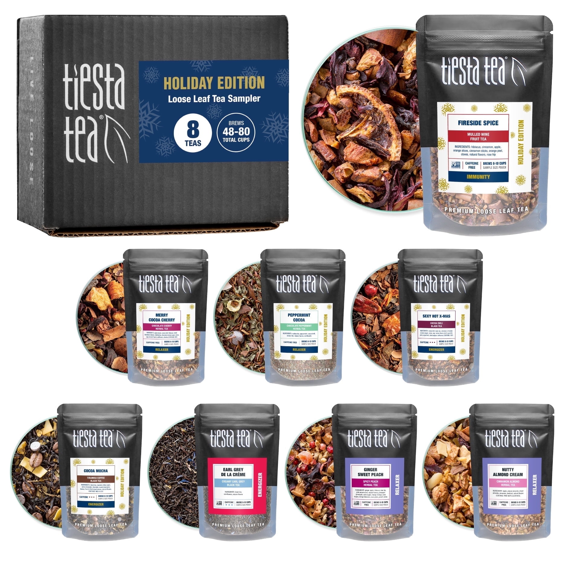 Walmart Black Friday Deals 2025 - Tiesta Tea - Holiday Tea Sampler Dry Flight Set, High to No Caffeine Hot & Iced Tea, Premium Loose Leaf Tea Sample with Black, Herbal, Fruit & Hibiscus Tea Blends - 8 Resealable Sample Pouches