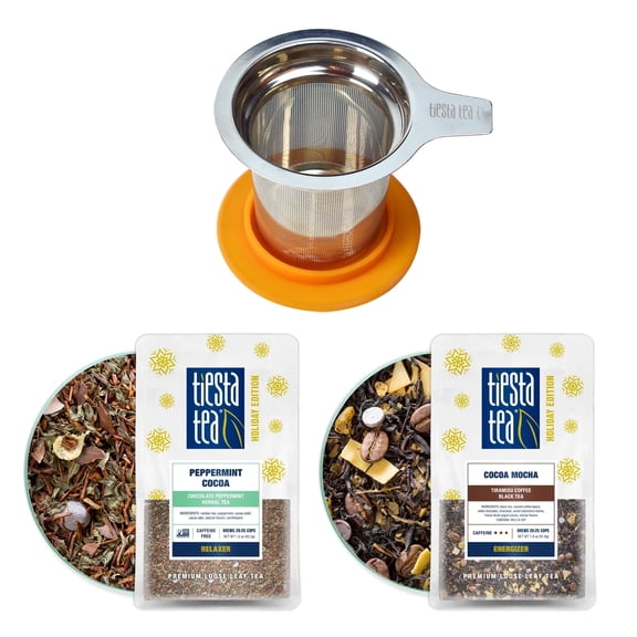 Tiesta Tea - Hot Cocoa Tea Gift Set, Cocoa Mocha & Peppermint Cocoa Loose Leaf Holiday Tea Blends with Infuser, High to Non Caffeinated Tea - Stainless Steel Brewbasket & 2 Resealable Pouches
