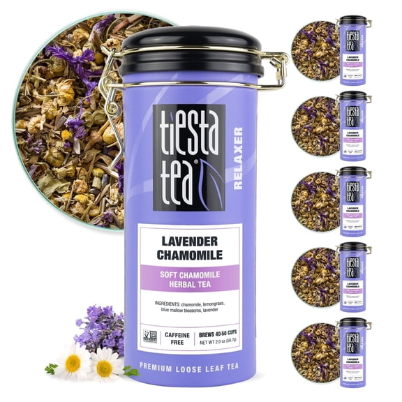 Tiesta Tea - Lavender Chamomile, Relaxer Loose Leaf Herbal Tea, Caffeine Free, GMO-Free, Make Hot or Iced Tea & Brews Up to 50 Cups - (2 Ounce x 6 ) Refillable Tin