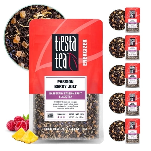 Tiesta Tea - Passion Berry Jolt, Energizer Loose Leaf Black Tea, High Caffeine, GMO-Free, Make Hot or Iced & Up to 25 Cups - (6 x 1.5 oz) Resealable Pouch