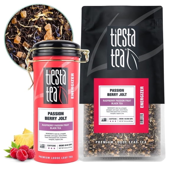 Tiesta Tea - Passion Berry Jolt, Energizer Loose Leaf Black Tea, High Caffeine, GMO-Free, Make Hot or Iced & Up to 250 Cups - 16oz Bulk Pouch & 4 oz Tin