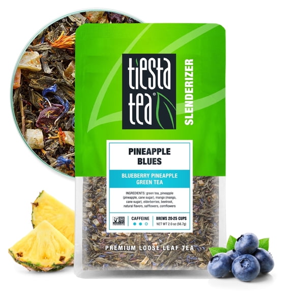 Tiesta Tea - Pineapple Blues, Slenderizer Loose Leaf Green Tea, Blueberry Pineapple Green Tea, Medium Caffeine, GMO-Free, Make Hot or Iced Tea & Brews Up to 25 Cups - 2 Ounce Resealable Pouch