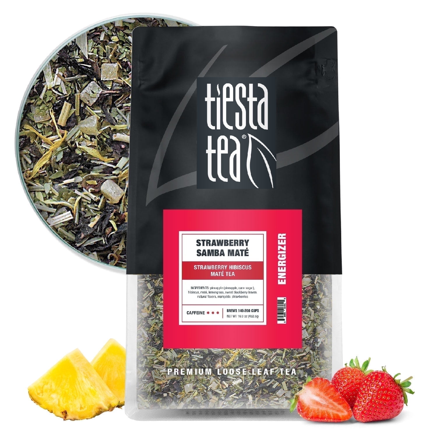 Tiesta Tea - Strawberry Samba Mate - Strawberry Hibiscus Mate Tea - Loose Leaf Tea Blend - High Caffeinated Fruit Tea - Make Hot or Iced Tea Up to 200 Cups - 16 oz Resealable Bulk Bag