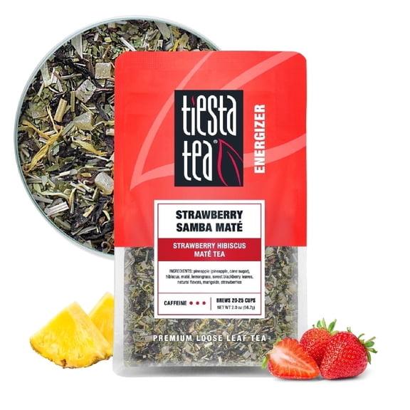 Tiesta Tea - Strawberry Samba Mate - Strawberry Hibiscus Mate Tea - Loose Leaf Tea Blend - High Caffeinated Fruit Tea - Make Hot or Iced Tea Up to 25 Cups - 2 oz Resealable Pouch