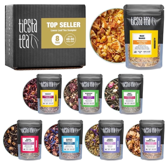 Tiesta Tea Top 8 Favorites Tea Sampler Set - Naturally Caffeinated, Loose Leaf Tea Variety Pack, Black Tea, Chai Tea, and More, 8 Sample Pouches