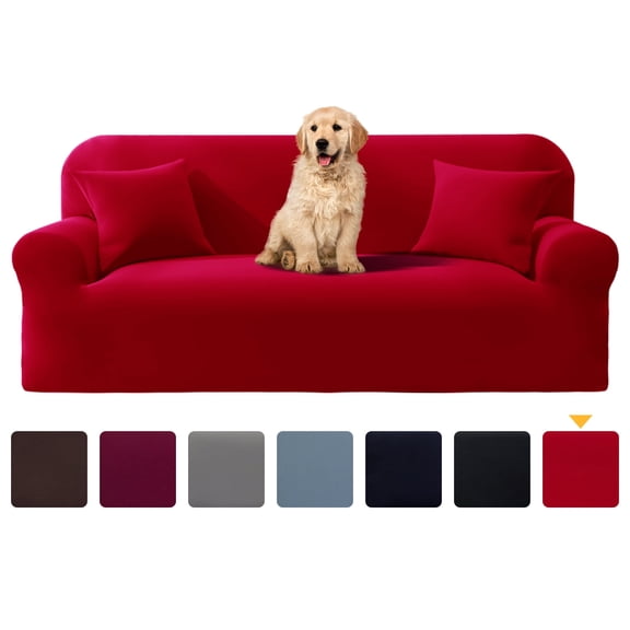 YEAHOME Stretch Sofa Slipcover with Pillow Case 1-Piece Sofa Cover Furniture Protector Couch Soft with Elastic Bottom for Kids Pet Protector Furniture Covers(Loveseat, Red)